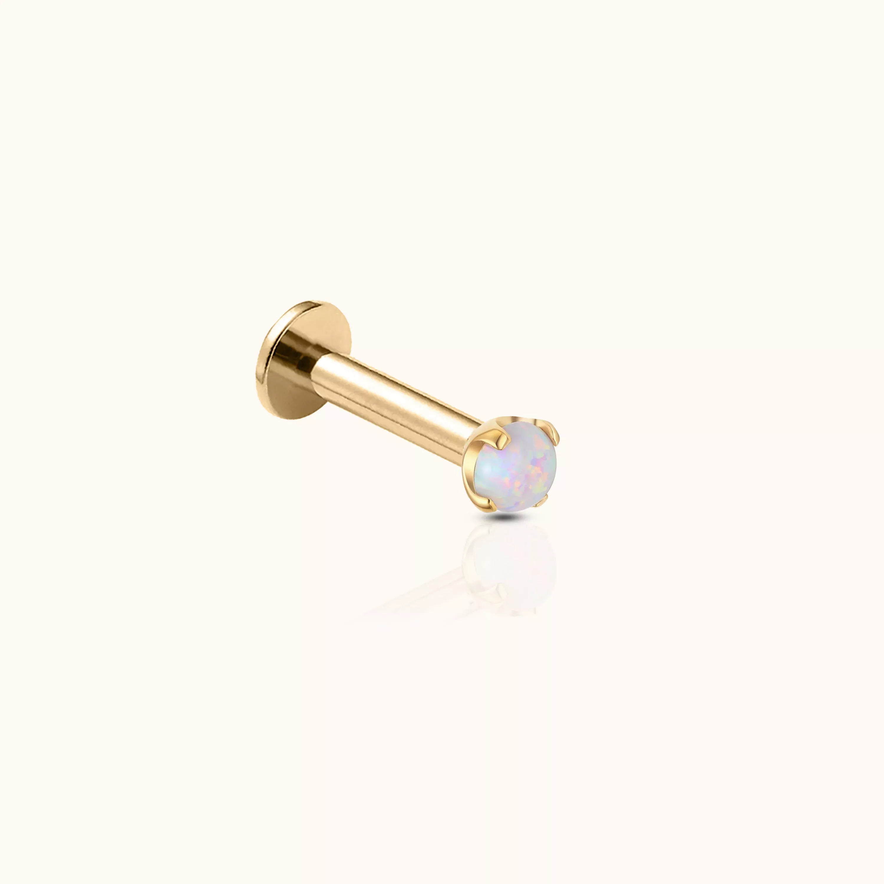 14K Solid Gold 2mm Opal Threadless Labret Flat Back Earring