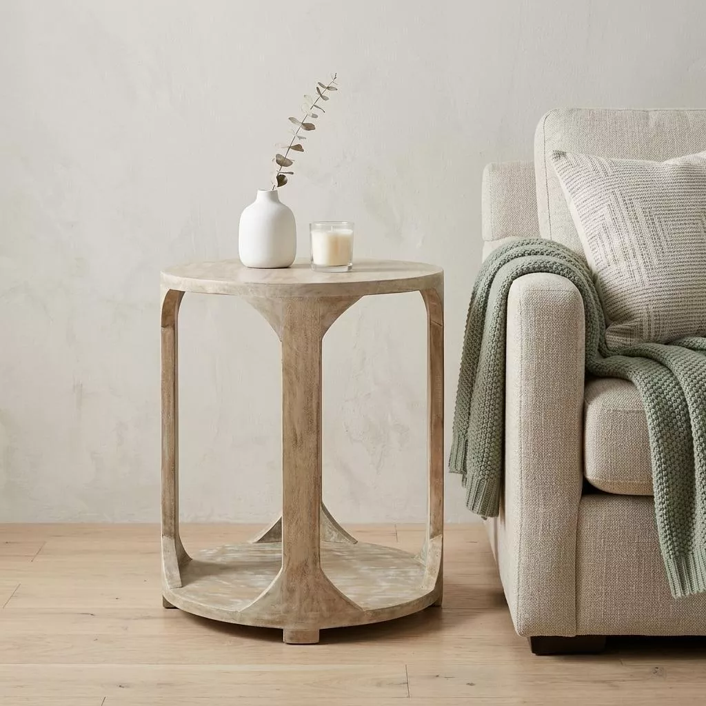 24" Natural Distressed Solid Wood Round Frame End Table With Shelf