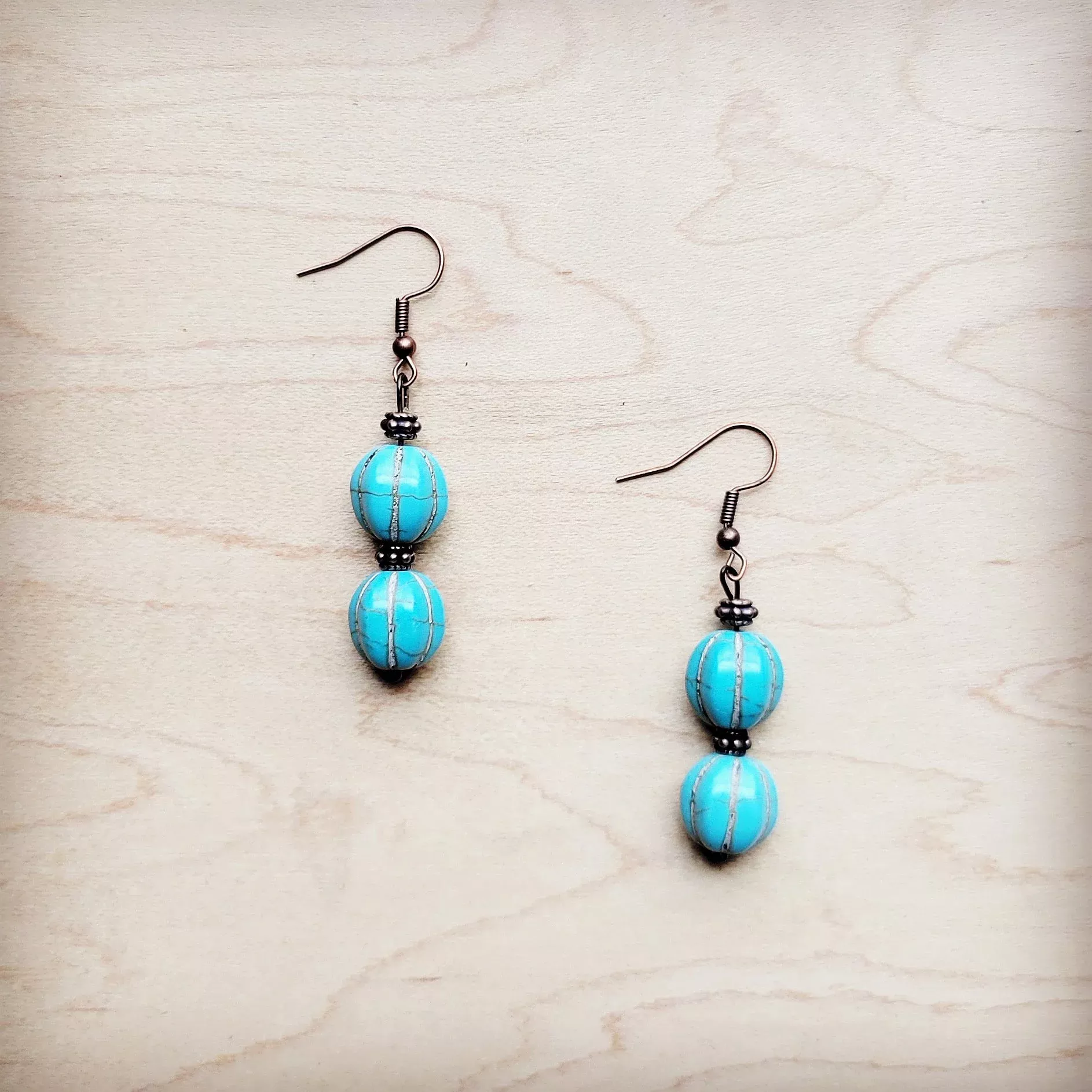 **Blue Turquoise Melon Bead Earrings 220z