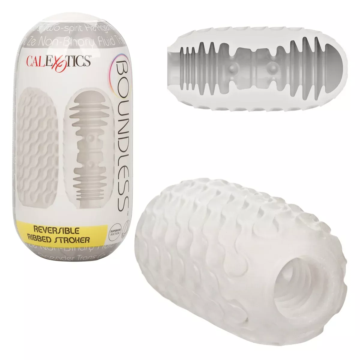 CalExotics Boundless Reversible Ribbed Stroker – Textured Male Pleasure Sleeve with Case– Sex Toys for Men – Clear