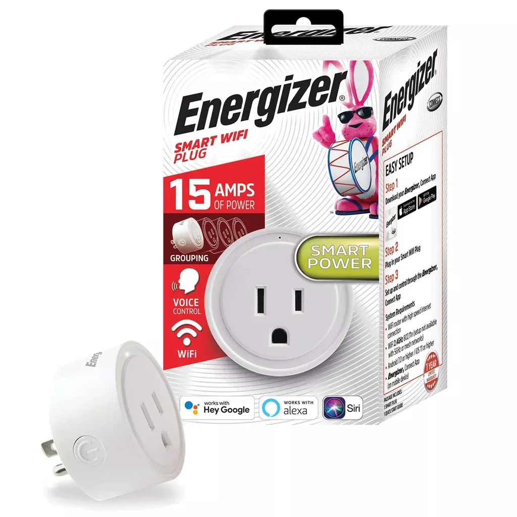 Energizer Smart Wi-Fi 15 Amp Wall Outlet Plug, Voice Control, Remote Access, Mobile App