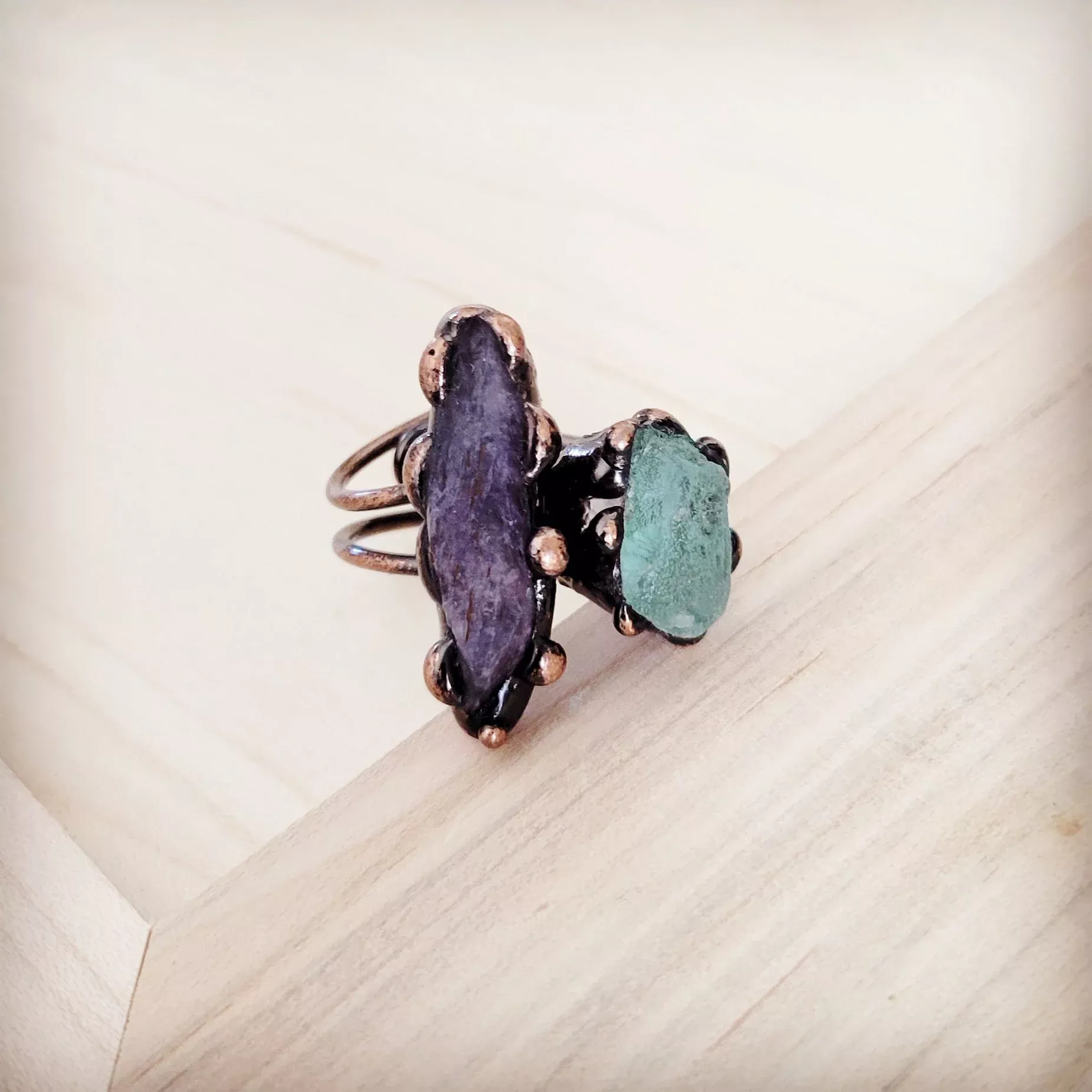 Genuine Amethyst and Quartz Ring in a Copper Setting 012a