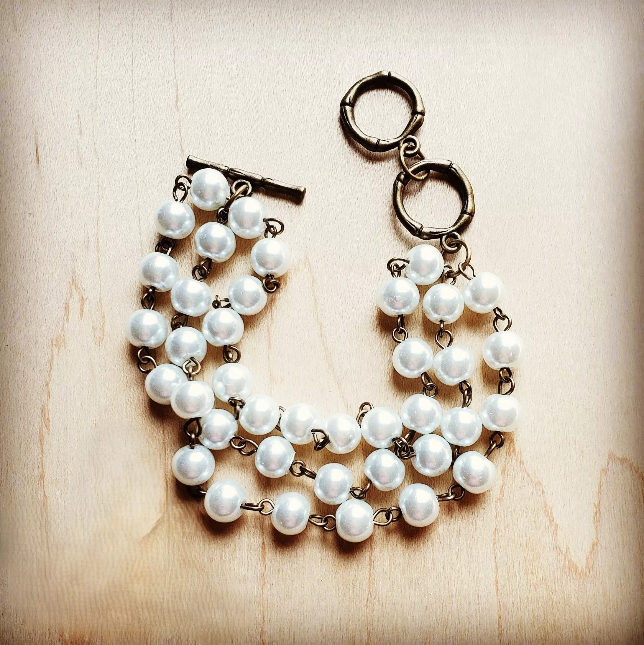 Pearl& Copper Triple Strand Bracelet 804a