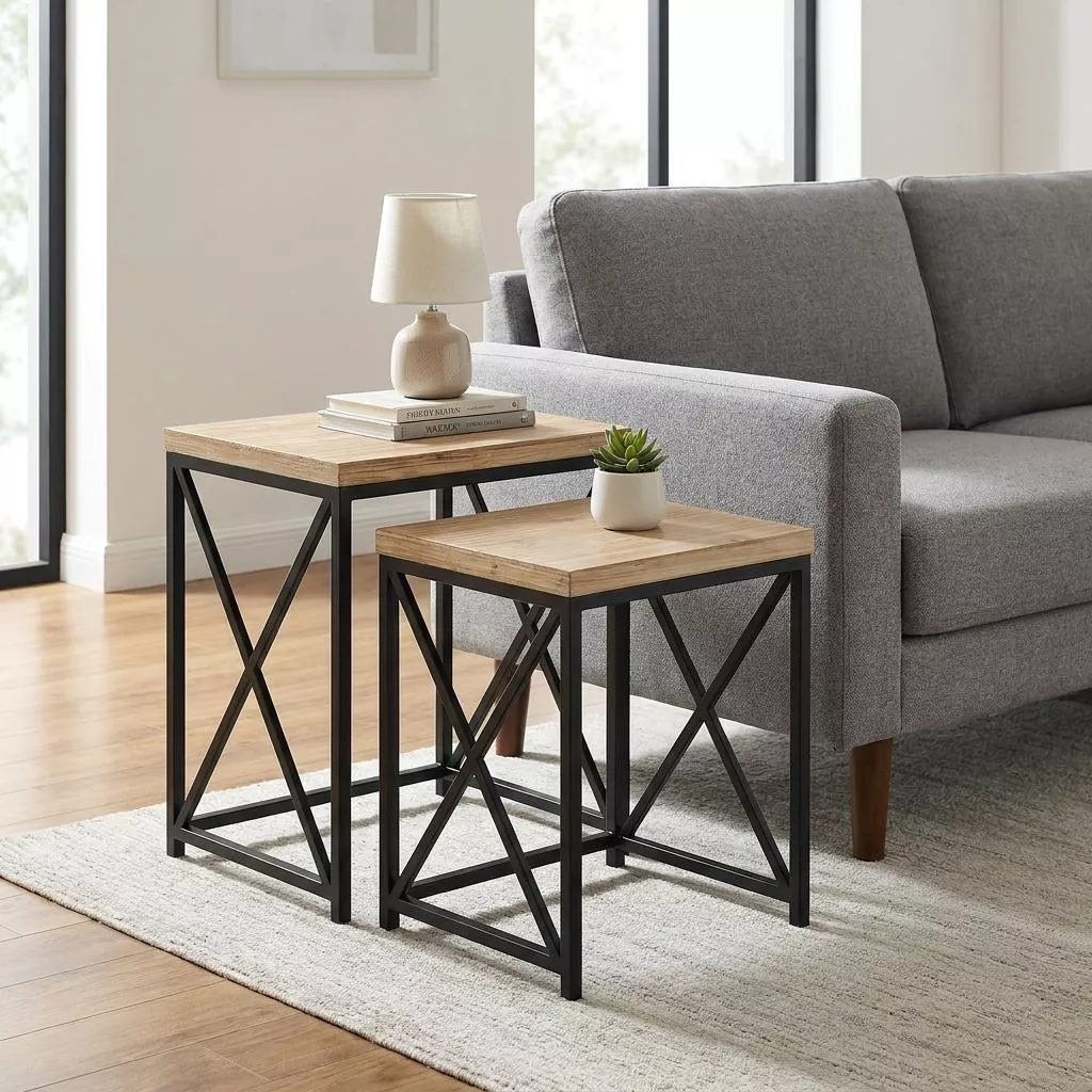 Set of Two Light Brown and Black Distressed Solid Wood and Steel Nested Tables