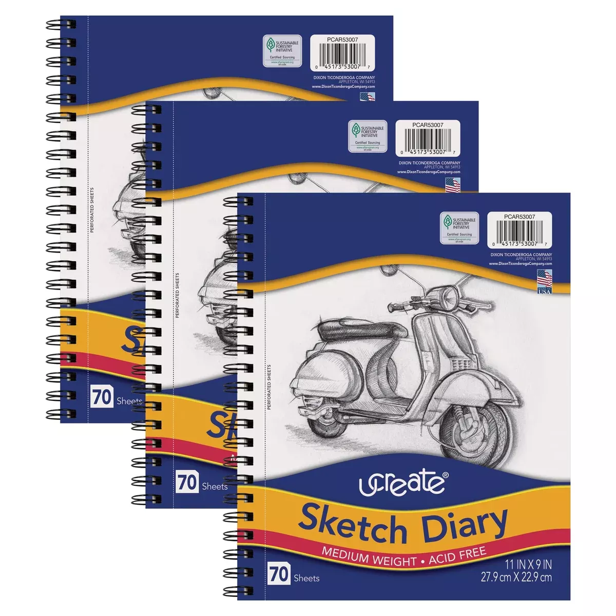 UCREATE Sketch Diary, Medium Weight, 11" x 9", 70 Sheets, Pack of 3
